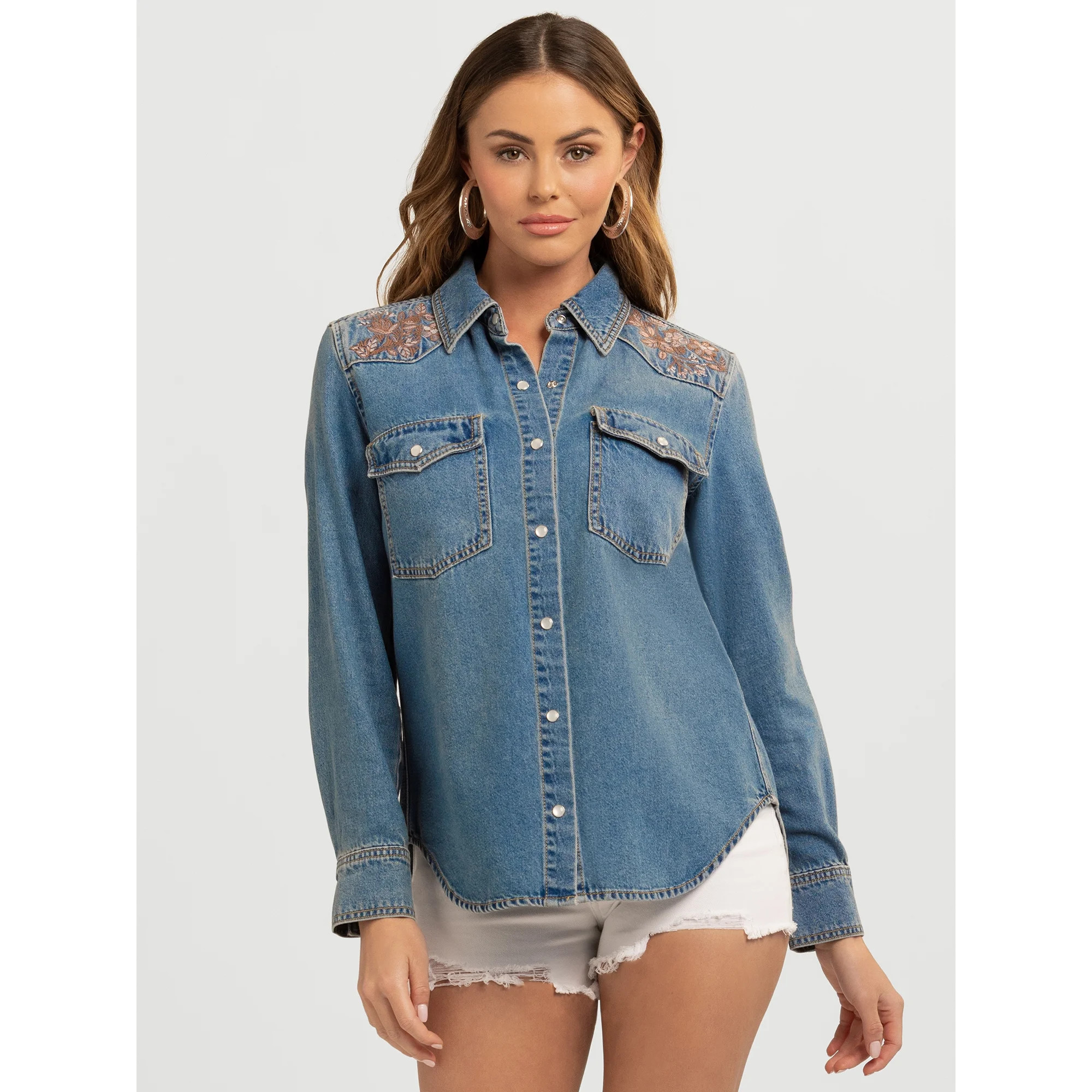 Jessica Simpson Women's Relaxed Denim Shirt with Long Sleeves, Sizes XS-XL | Walmart (US)