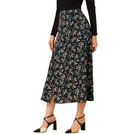 Allegra K Women Floral Print Button Decor A-Line High Waist Slit Maxi Skirt Black S | Walmart (US)