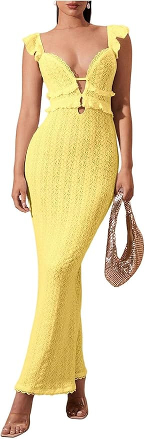 SOLY HUX Women's Maxi Dress Crochet Ruffle Sleeveless Backless Bodycon Long Dresses | Amazon (US)