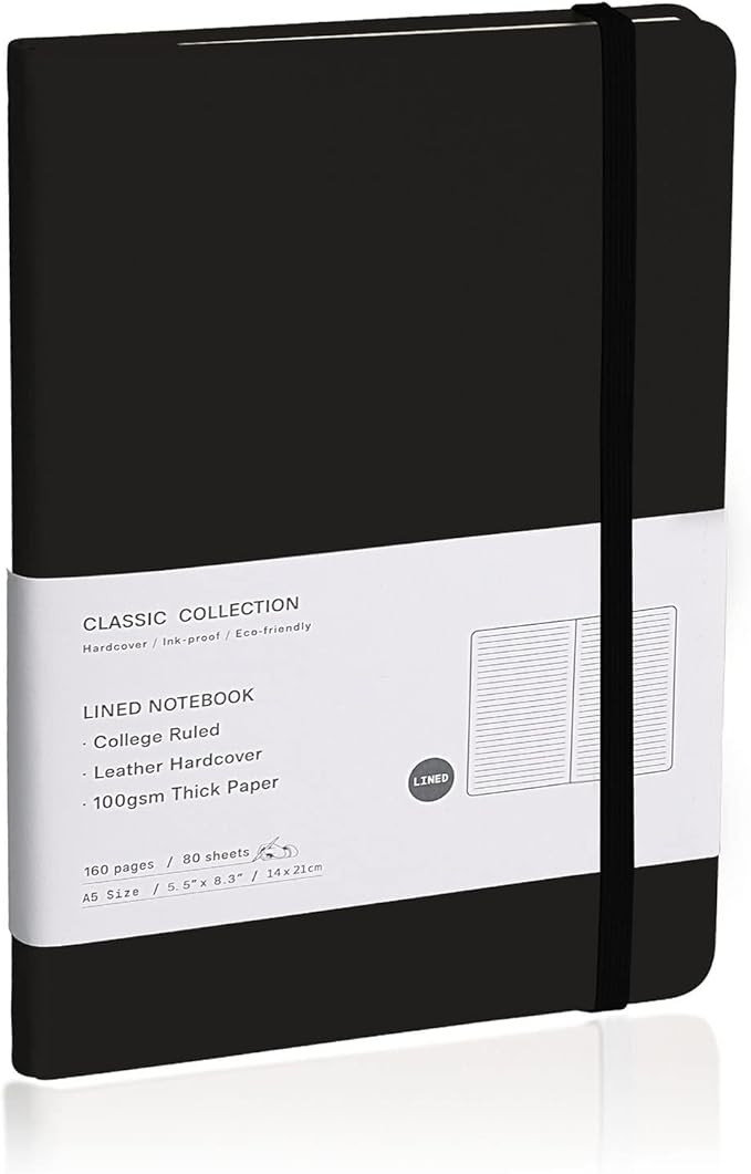 Lined Journal Notebook, (Black), 160 Pages, Medium 5.7 inches x 8 inches - 100 gsm Thick Paper, H... | Amazon (US)
