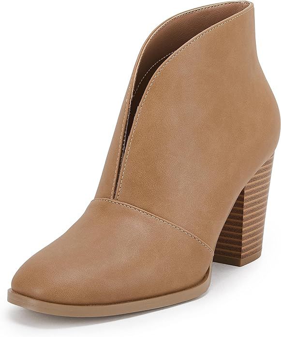 Womens V Cut Out Ankle Boots Slip On Square Toe Chunky Stacked Heel Booties | Amazon (US)