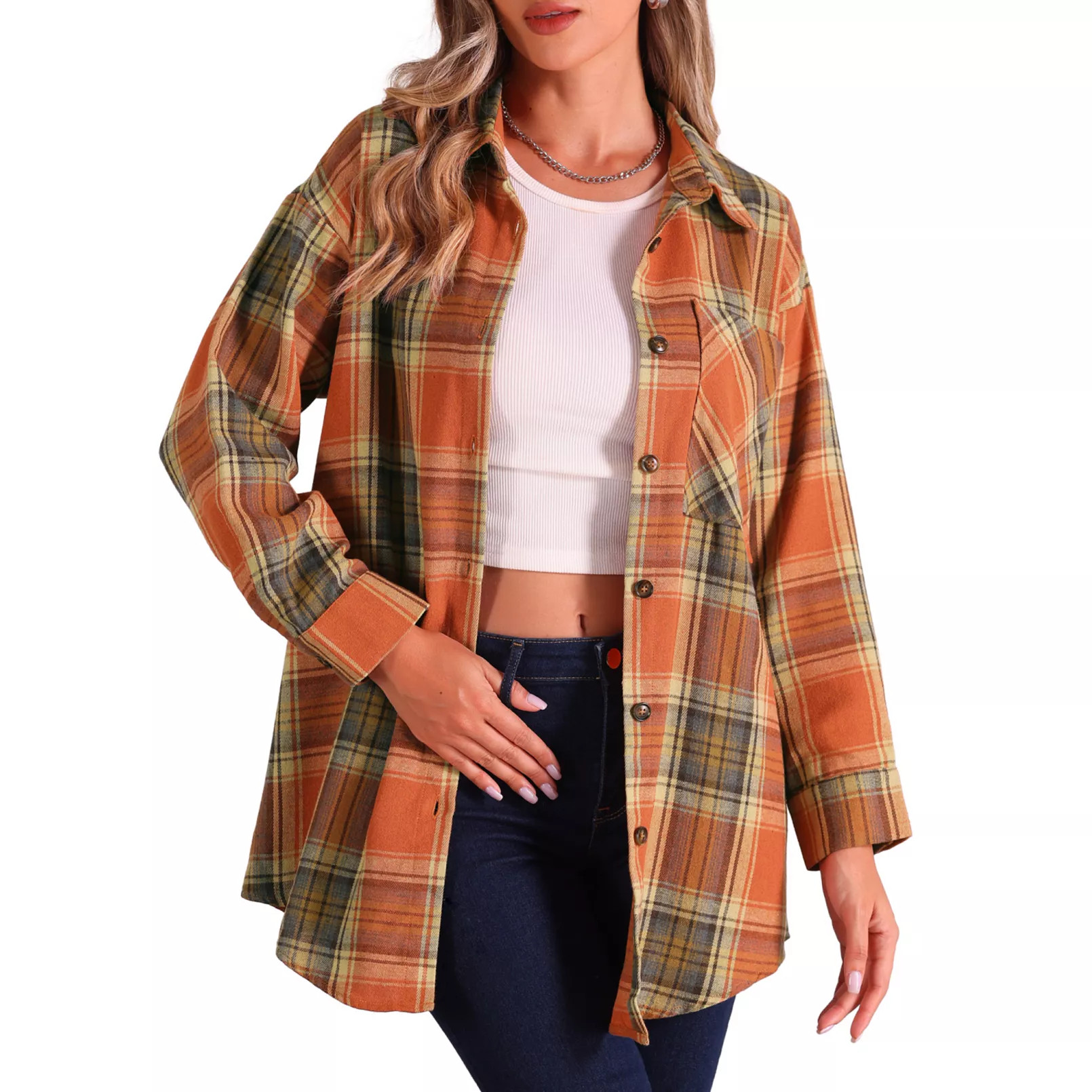 Women's Vintage Plaid Flannel Shirt Long Sleeve Button Turn Down Collar Blouses Tops Casual Cardi... | Kohl's