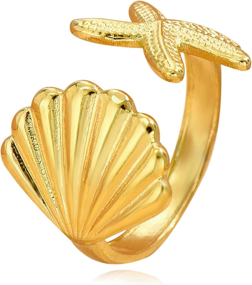 Gold Starfish Shell Ring Adjustable Beach Ocean Ring Chunky Gold Rings for Women Summer Fashion J... | Amazon (US)