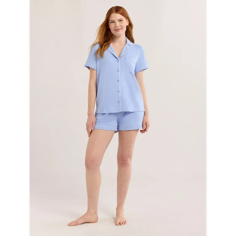 Joyspun Women’s Short Sleeve Knit Notch Collar Top and Shorts Pajama Set, 2-Piece, Sizes XS-3X | Walmart (US)