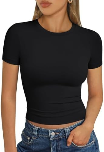Trendy Queen Womens Short Sleeve T Shirts - Buttery Soft Summer Crop Tops Slim Fit Y2k Basic Tees... | Amazon (US)
