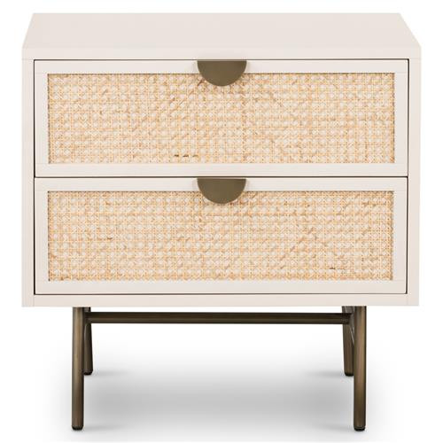 Assunta Coastal Off White Wood Natural Cane Aged Brass Steel 2 Drawer Nightstand | Kathy Kuo Home