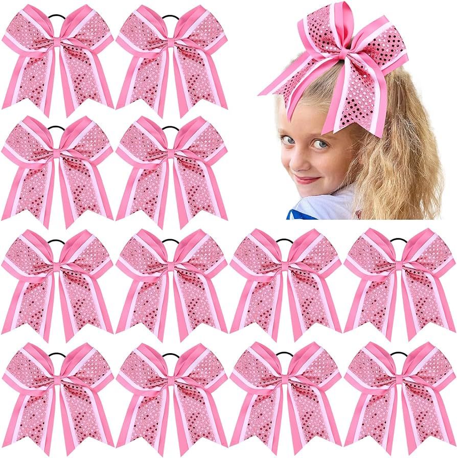 12 PCS 8" Large Glitter Cheer Bows Pink Girl Hair Bows Sparkly Cheerleading Softball Team Bow Hai... | Amazon (US)
