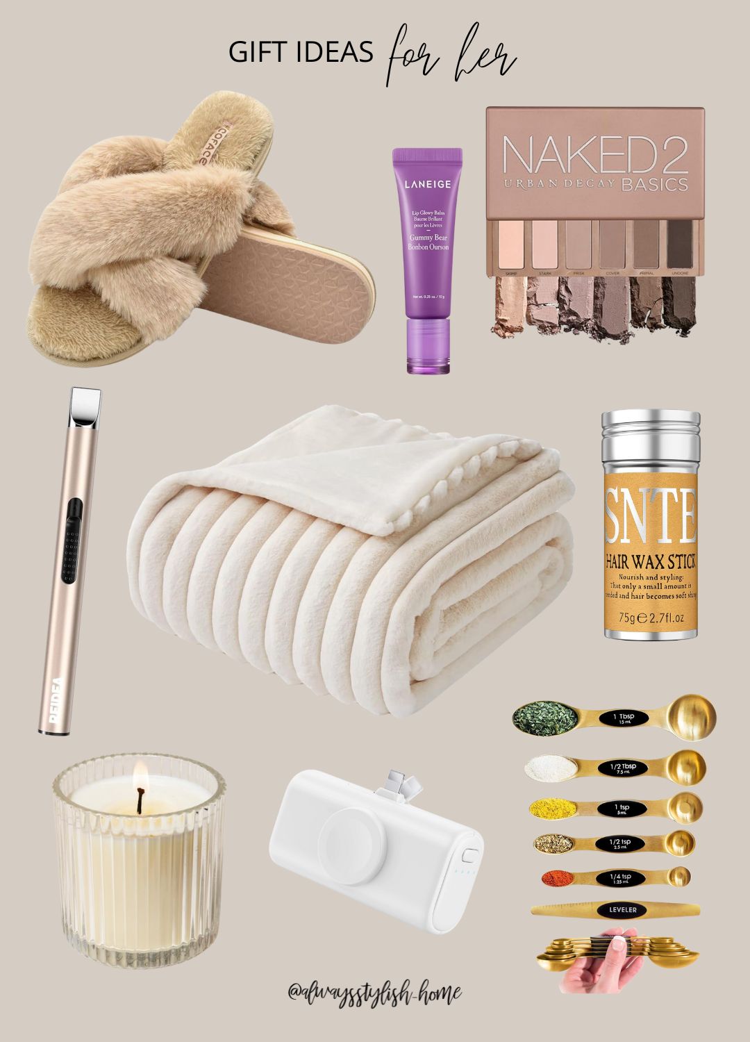 Gift ideas for her, stocking stuffer, fuzzy slippers, gold measuring spoons, naked eyeshadow palette, fluted glass candle, portable charger, laneige lip balm, hair wax stick, electronic lighter, faux fur channel throw blanket | Amazon (US)