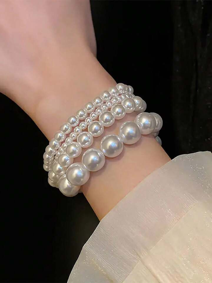 Trends2-4pcs French Old-Fashioned Simple Pearl Elastic Bracelet Fashion Daily Multi-Purpose Elega... | SHEIN