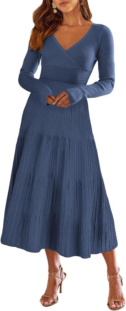 ANRABESS Womens Wrap Midi Sweater Dresses Long Sleeve V Neck Bodycon High Waist Ribbed Knit Pleat... | Amazon (US)