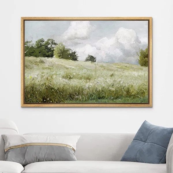Green Meadow Under White Clouds Nature Landscape Farmhouse Wall Art Framed On Canvas Painting Pri... | Wayfair North America