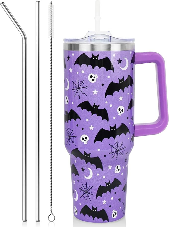 40 Oz Halloween Tumbler with Handle and Straw, Skull Bat Insulated Stainless Steel Cup Tumbler Wa... | Amazon (US)