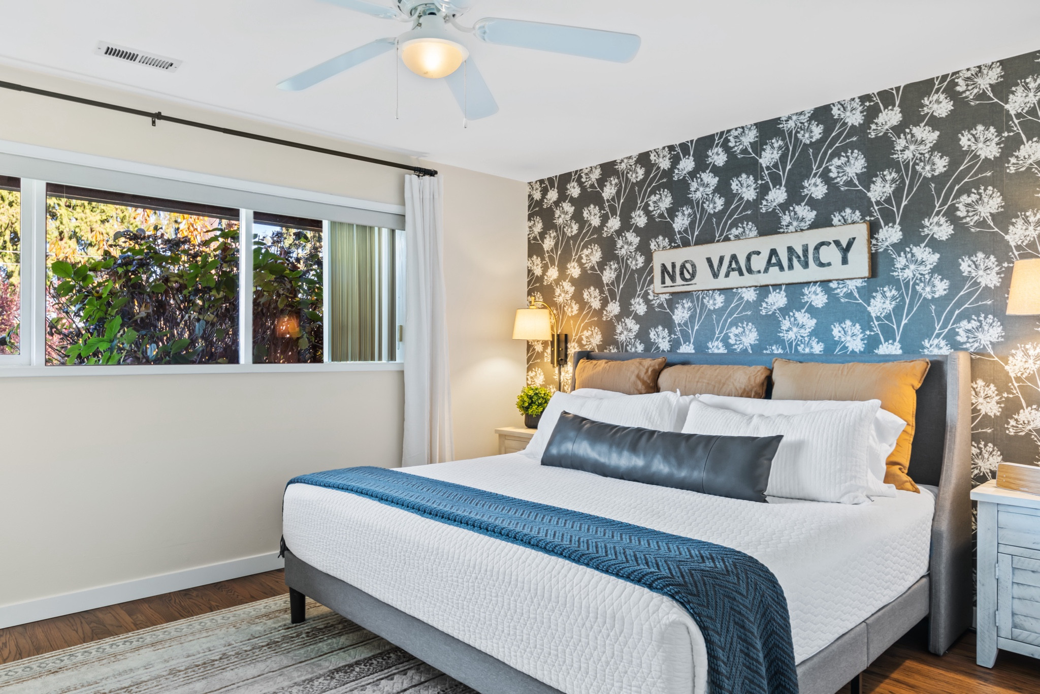 No Vacancy!  Isn't that every AirBNB Host goal?  Super Soft Sheets, Bed Linens and Fun modern design will definitely help with bookings + reviews.

#STRFurnishings #STR #AirBNB #PrimaryBedroom #PeelandStickWallpaper #GreyWhiteBedroom #SheerCurtains 

#LTKhome