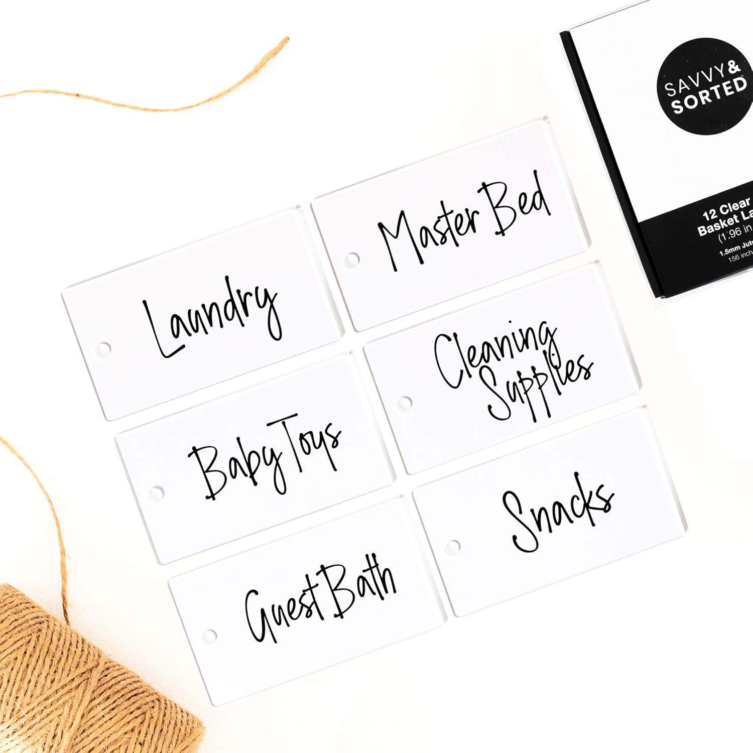 12 Clear Basket Tags, Acrylic Label Holders for Storage Bins, Hanging Labels with Jute String, Pe... | Amazon (US)