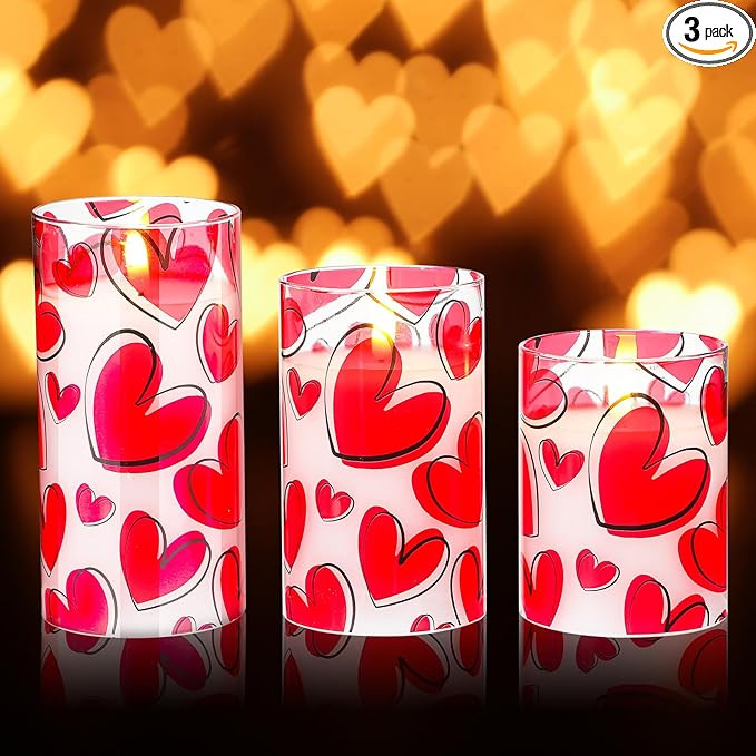 VIHOSE 3 Pcs Valentine LED Flameless Candles Romantic Heart Battery Operated Pillar Candles for R... | Amazon (US)