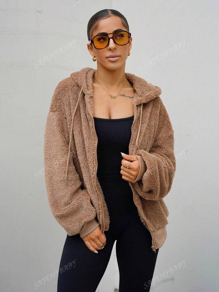 SAYEHFBABY Women's Solid Color Fleece Hooded Sweatshirt, Thick & Warm Fleece Sweatshirt For Ladie... | SHEIN