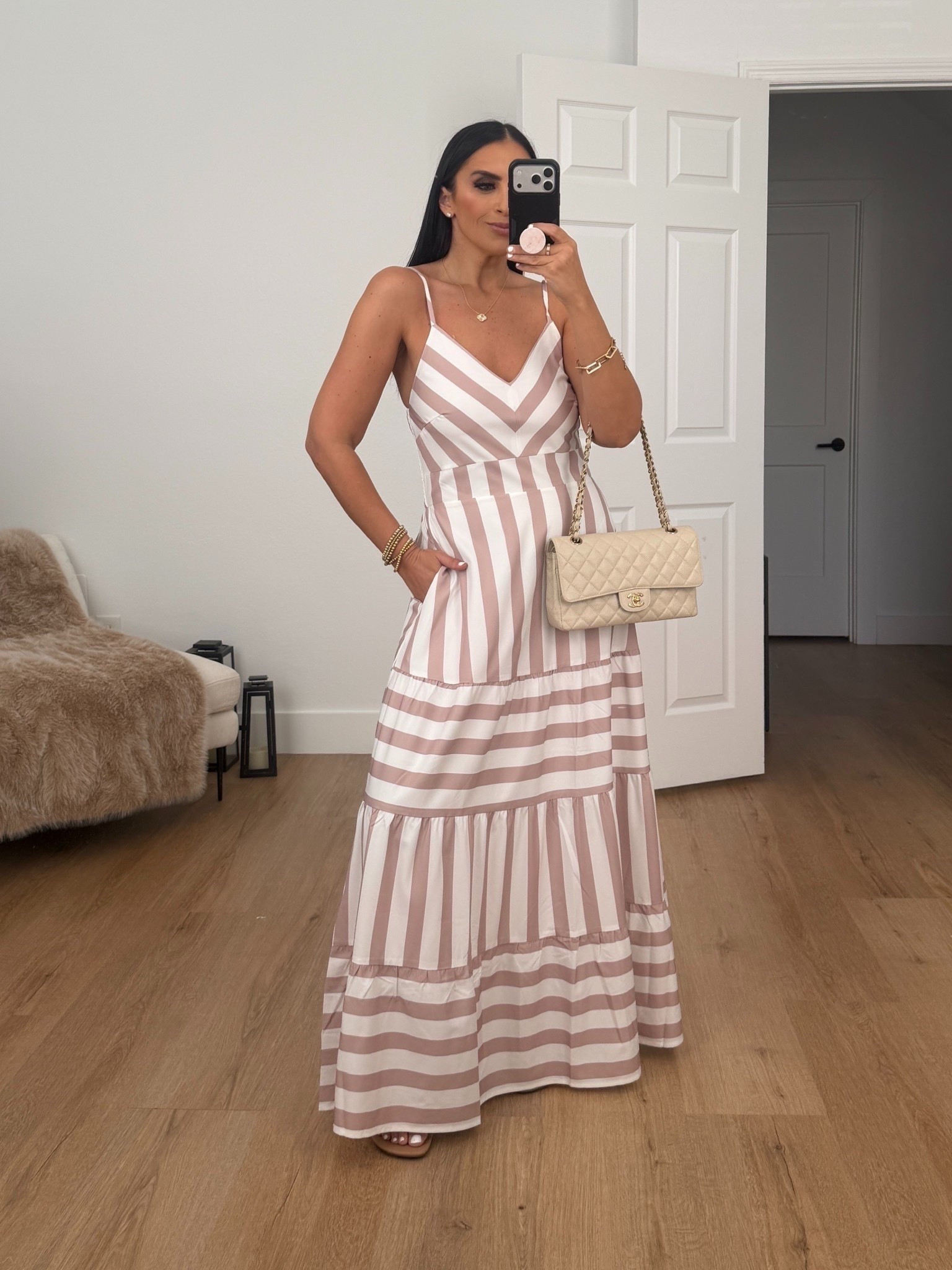 Woman’s Striped Maxi Dress. I’m wearing a size medium, comes in six colors. 
