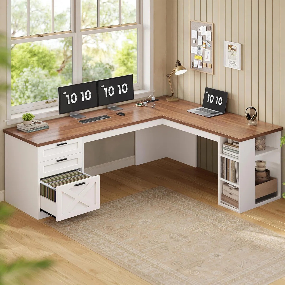 67" Farmhouse L Shaped Desk With 3 Drawers, Executive Desk | Wayfair North America