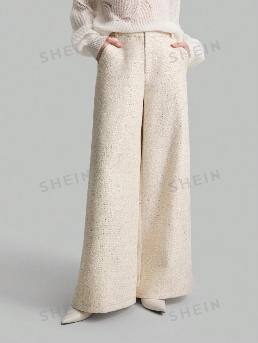 Ontre Ivory Tweed Embellished High-Waisted Elegant Wide-Leg Pants  Old Money | SHEIN