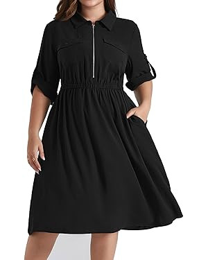 Hanna Nikole Plus Size Women Casual Midi Dress with Pockets Lapel V Neck Shirt Dress Black A Line... | Amazon (US)
