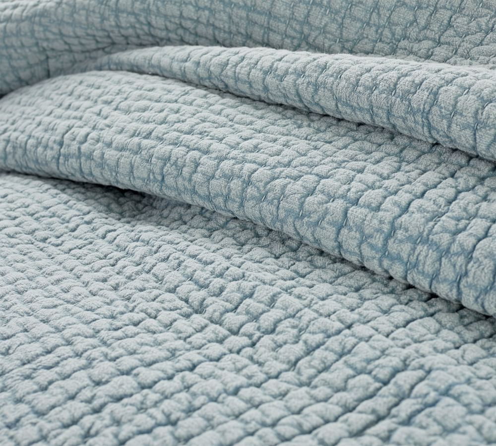 Sky Blue Stonewashed Pickstitch Cotton Quilt, Full/Queen | Pottery Barn (US)