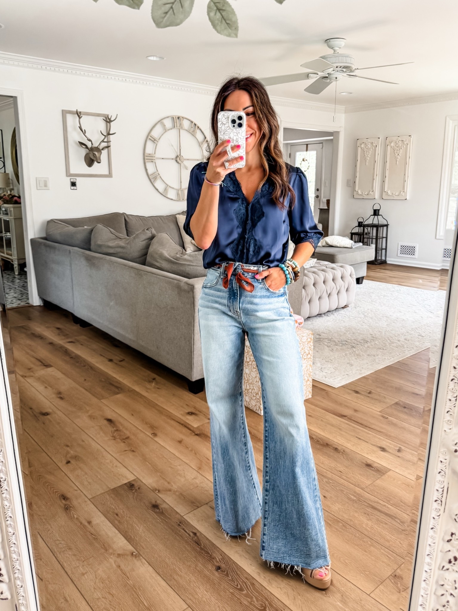 Small satin top. 24 wide leg jeans I sized down.

#LTKOver40 #LTKPetite