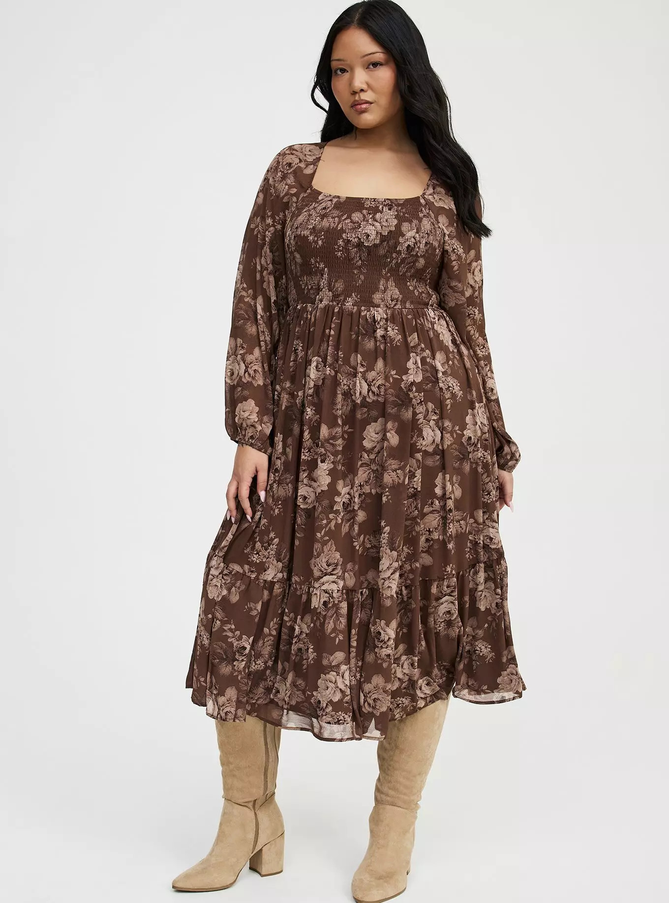 Smocked Bodice Tiered Midi Dress | Torrid (US & Canada)