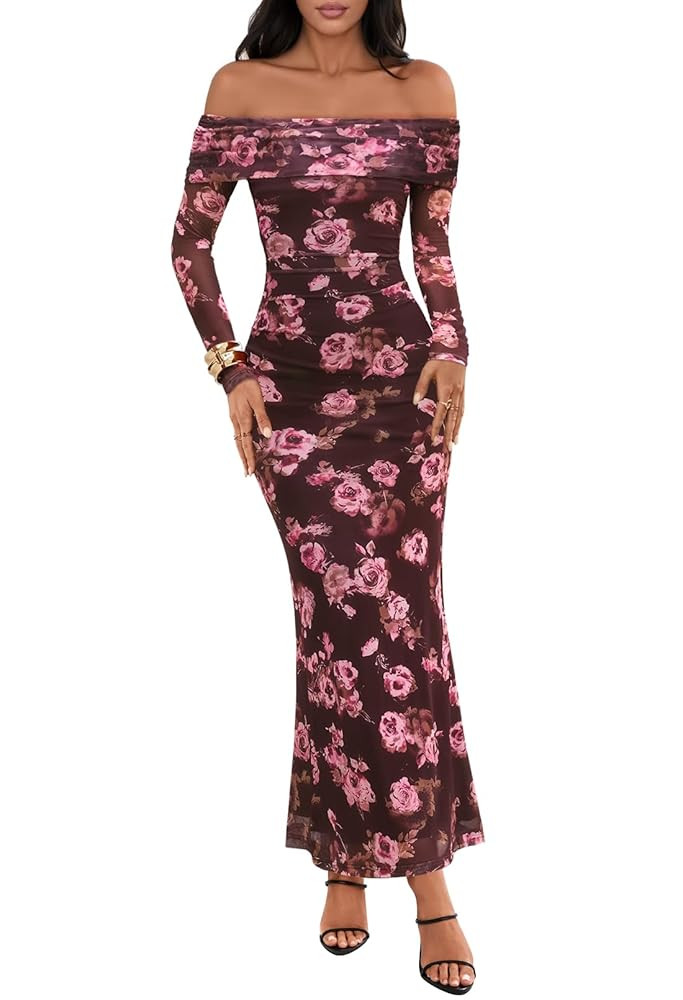 MEROKEETY Women's Fall Off Shoulder Floral Maxi Dresses Formal Long Sleeve Bodycon Cocktail Weddi... | Amazon (US)