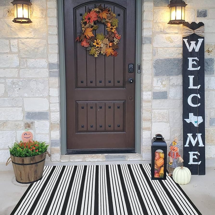 Black and White Striped Outdoor Rug Front Porch Rug 27.5"x43" Front Door Mat Cotton Hand-Woven Re... | Amazon (US)