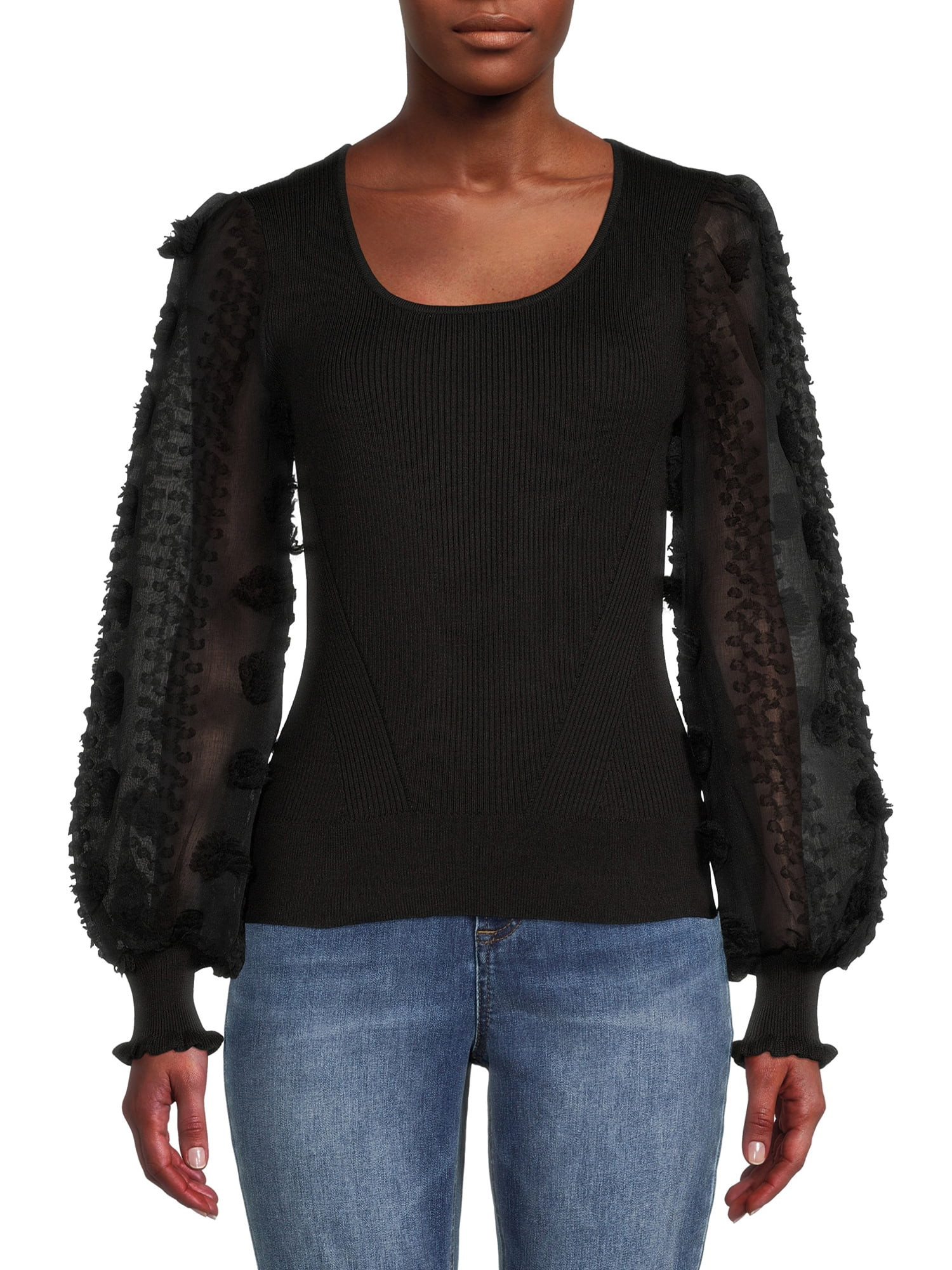 No Boundaries Juniors' Scoop Neck Top with Floral Bell Sleeves - Walmart.com | Walmart (US)