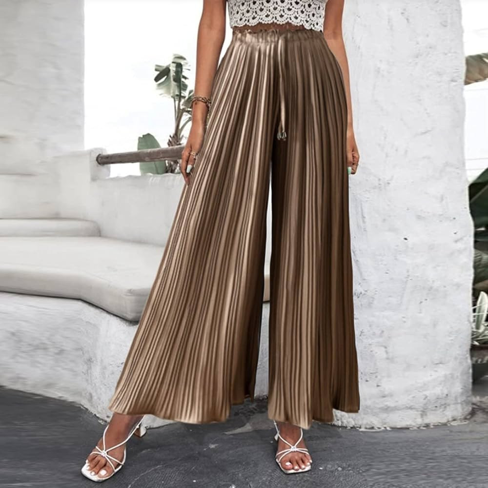 XINSHIDE Pleated Pants for Women Palazzo Wide Leg Pants Summer Casual Drawstring Belted Waist Beach  | Amazon (US)