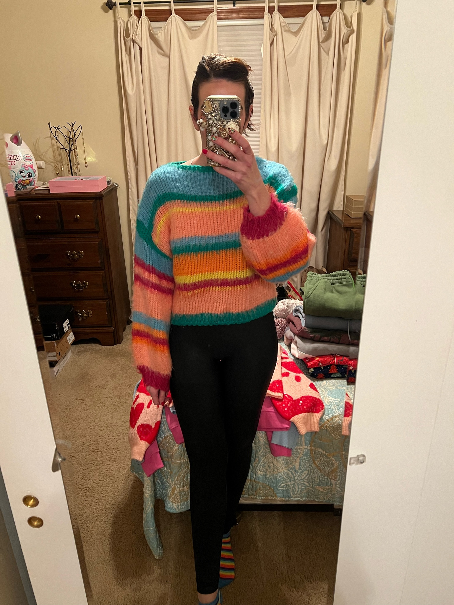 Colorful striped fuzzy cropped sweater (small). Black faux leather leggings (small). #sweater #sweaters #fuzzysweater #croppedsweater #colorfulsweater #blackleggings #fauxleatherleggings #leggings #winteroutfits Winter Outfits 

#LTKStyleTip #LTKFindsUnder100 #LTKSeasonal