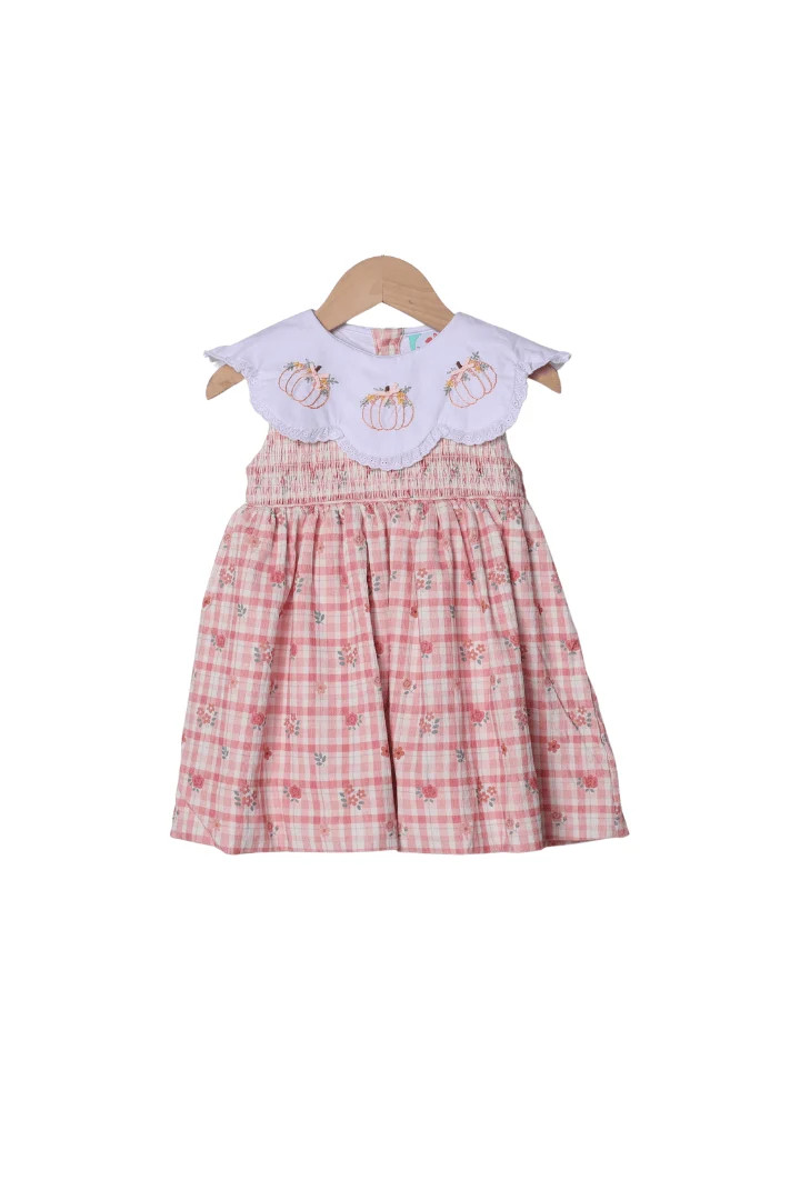 Hand Embroidered Pumpkin Fall Plaid Floral Corduroy Dress | The Smocked Flamingo