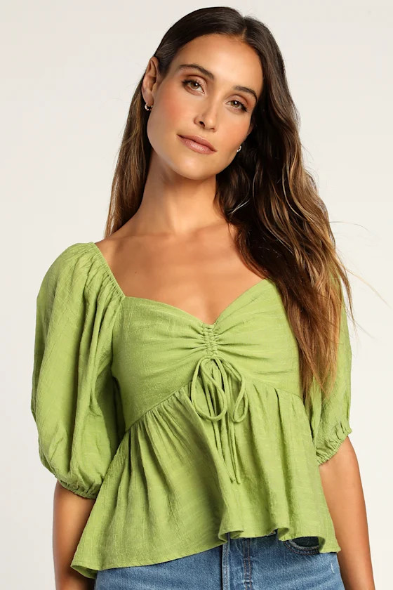 Sweetly Sentimental Green Ruched Puff Sleeve Top | Lulus (US)