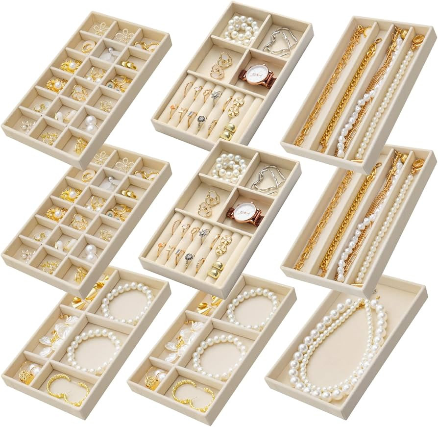 Stackable Jewelry Organizer Trays Set of 9, Small Velvet Jewelry Organizers Earring Necklace Ring... | Amazon (US)
