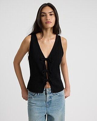 Textured V-neck Tie Front Tank | Express