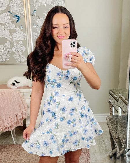 Use code BRITTANY20 for 20% off (new customers only). This spring mini dress is petite friendly and perfect for baby showers, bridal showers and your summer picnics! Tags: white dress, floral dress, lulus 

#LTKunder100 #LTKsalealert #LTKstyletip