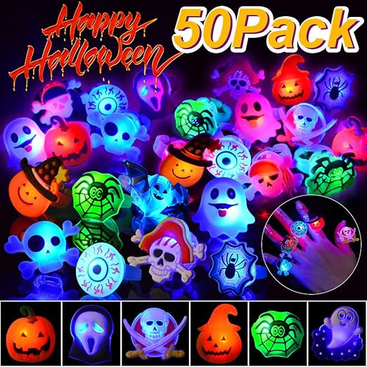 Coluans Halloween Treats 50Pcs Halloween Light Up Rings Halloween Toys Glow in The Dark Halloween... | Amazon (US)