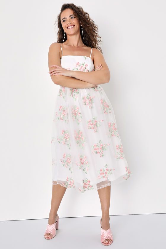 Celebrating Sweetness White Floral Embroidered Tulle Midi Dress | Lulus