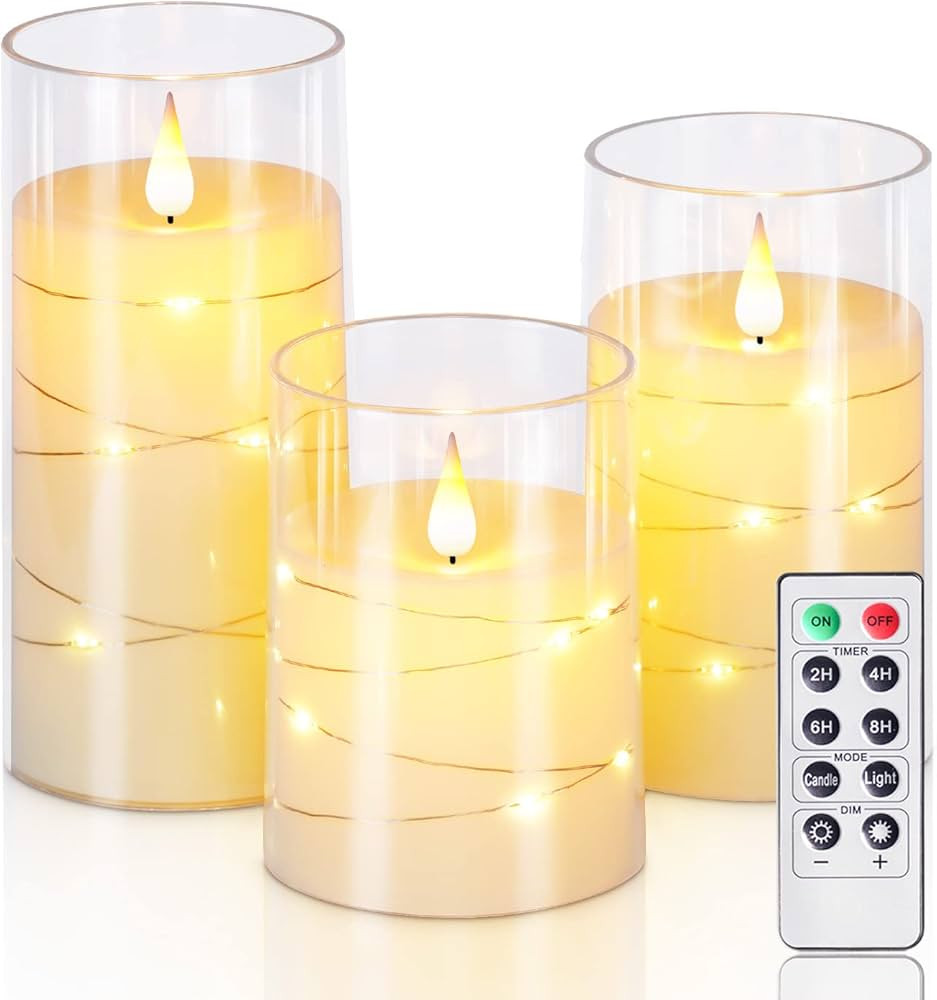 Homemory Flickering Flameless Candles with String Lights, Battery Operated Candles, Embedded Stri... | Amazon (US)