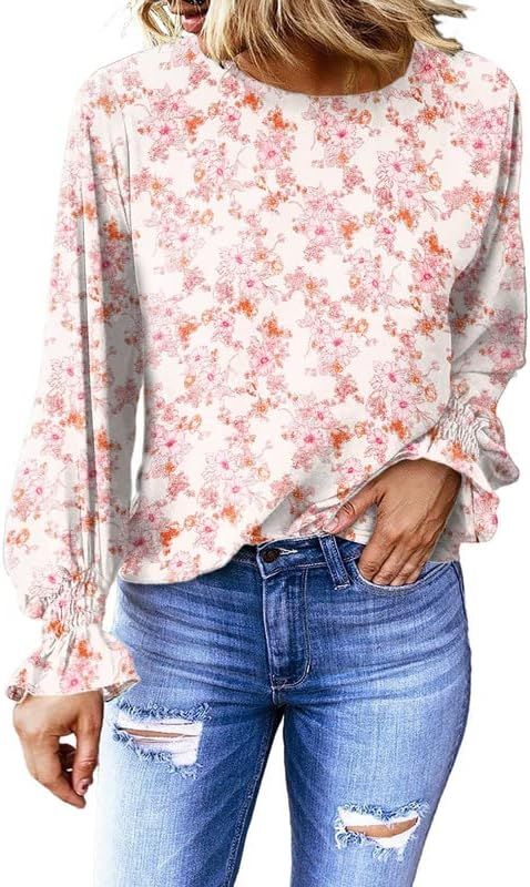 Dokotoo Womens 2023 Summer Long Sleeve Ruffle Bubble Sleeve Casual Loose Shirts Tops and Blouses | Amazon (US)