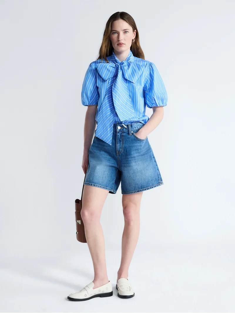 Free Assembly Women's Cotton Bow Blouse with Short Puff Sleeves, Sizes XS-XXL | Walmart (US)