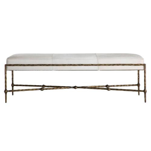 Gabby Lambeth Regency White Upholstered Hair On Hide Seat Brass Iron Frame Bench | Kathy Kuo Home