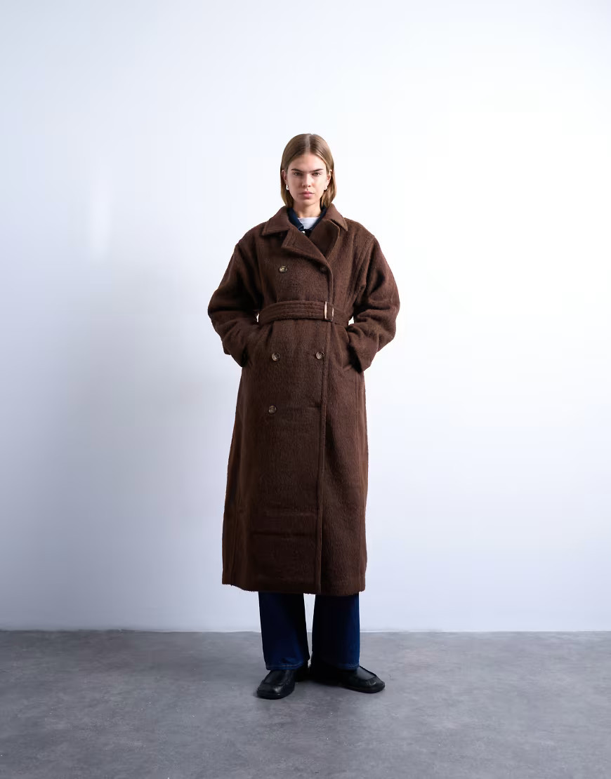 Topshop unlined double breasted longline wool blend coat in chocolate-Brown | ASOS (Global)
