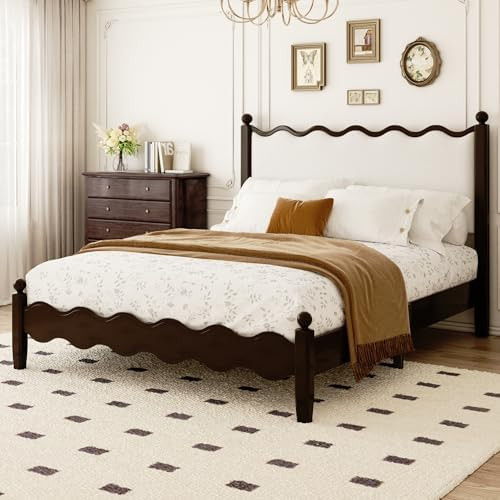 Wood Bed Frame Queen with Vintage Wave Headboard, 48" Tall Leather Upholstered Bed Frame, Mattres... | Amazon (US)