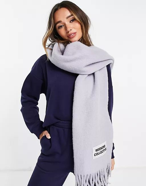ASOS Weekend Collective long woven fluffy tassel scarf with logo in ice lilac | ASOS | ASOS (Global)