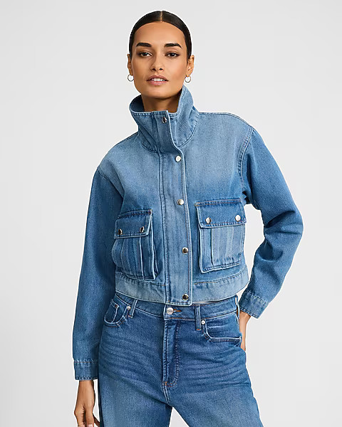 Denim Funnel Neck Snap Front Bomber Jacket | Express