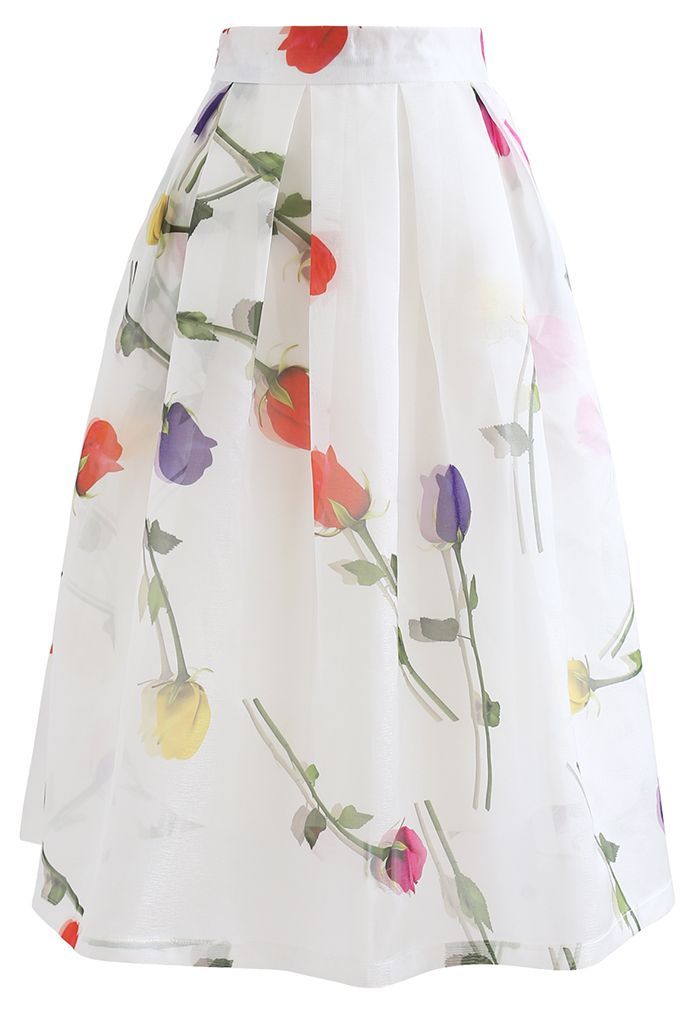 Rose Impression Printed Organza Pleated Midi Skirt | Chicwish