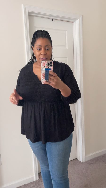 Wearing this black babydoll top I sized down to 14/16. Currently size 18  

#LTKstyletip #LTKplussize #LTKSeasonal
