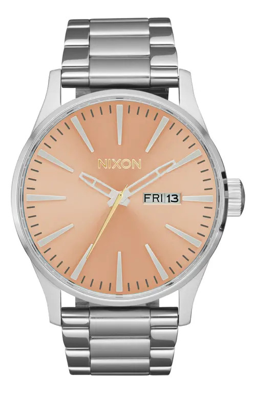 Nixon Sentry Bracelet Watch, 42mm in Silver /Coral at Nordstrom | Nordstrom
